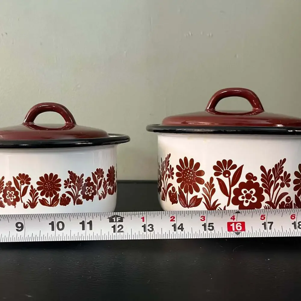 Vintage Floral Enamelware Lidded Casserole Pot Set - 2 Piece Rustic Kitchenware